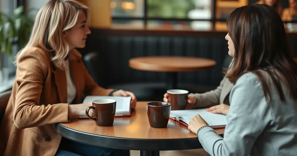 duas pessoas conversando em uma mesa de café com cadernos abertos