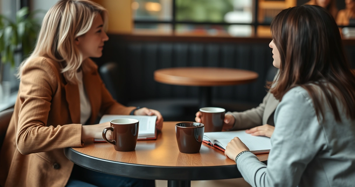 duas pessoas conversando em uma mesa de café com cadernos abertos