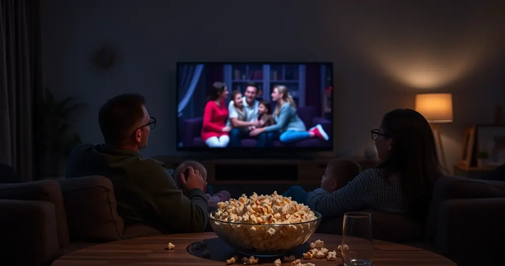 família assistindo a um filme na televisão da sala, com pipoca na mesa