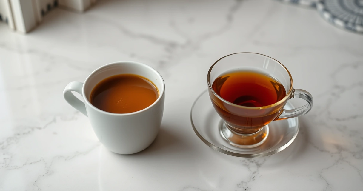 duas xícaras lado a lado sobre a mesa, uma de café e uma de chá