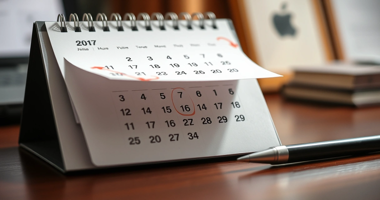 calendário de mesa com dias marcados e caneta ao lado
