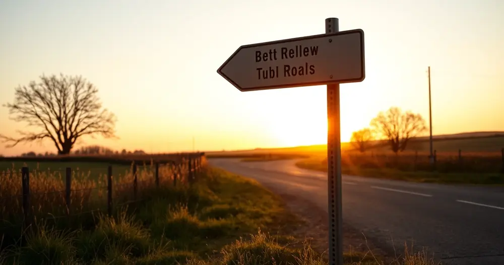 placa de sinalização em cruzamento de estrada ao entardecer