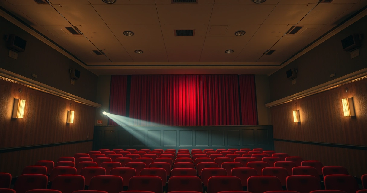 sala de cinema vazia com o facho do projetor iluminando as poltronas