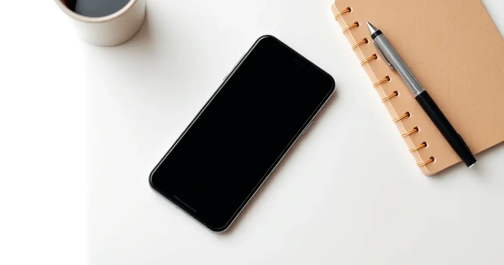 celular com tela apagada sobre mesa clara ao lado de caderno e caneta
