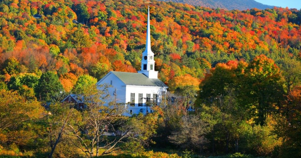 Church in Stowe, Vermont in the fall