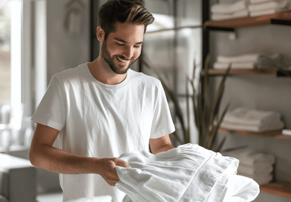 Roupas brancas e brilhantes: saiba como usar um produto alcalino Homem feliz com toalhas brancas limpas após lavagem com bicarbonato de sódio