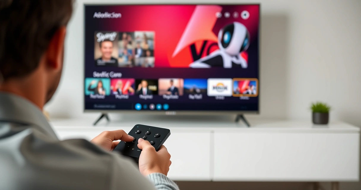 pessoa com controle remoto configurando aplicativo em smart tv